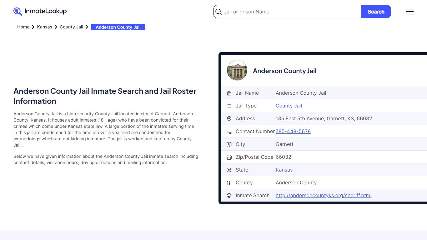 Anderson County Jail Inmate Search - Garnett Kansas - Inmate Lookup